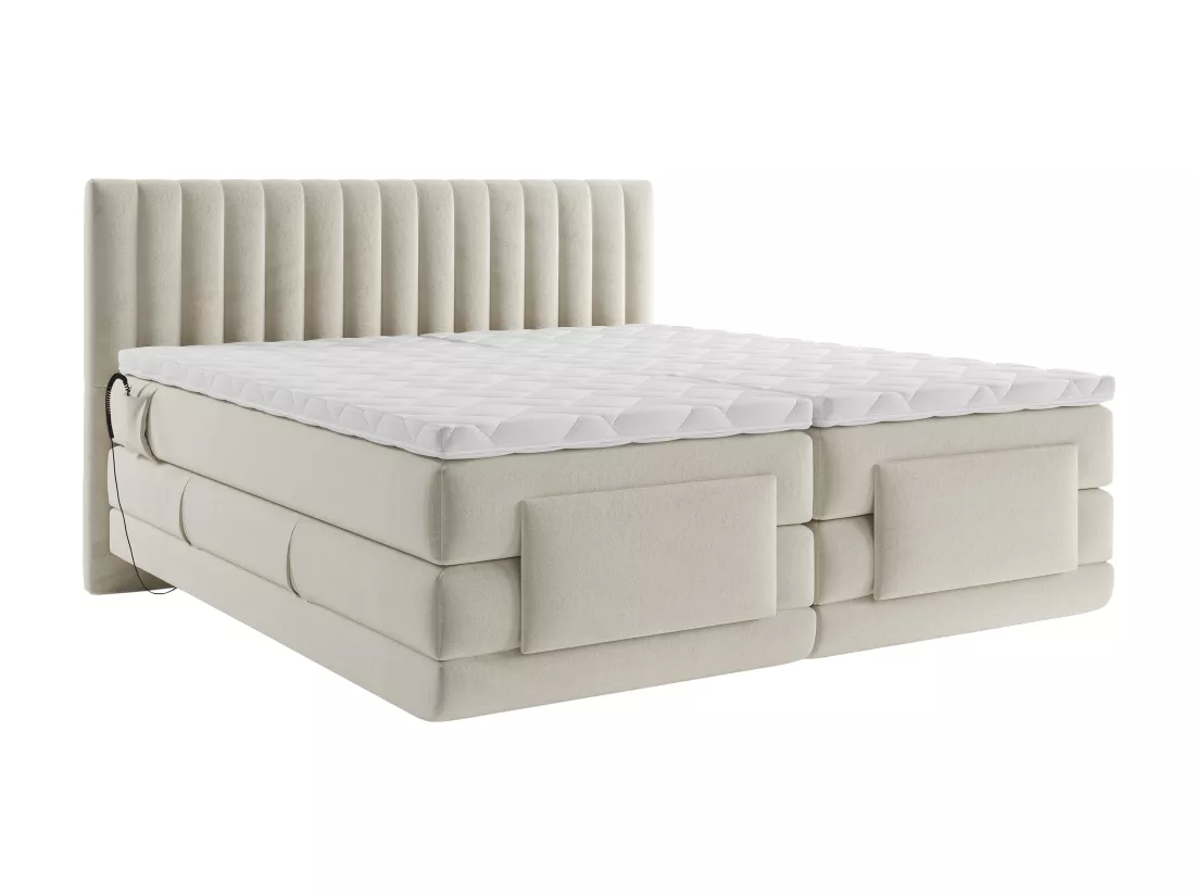 Ensemble complet boxspring tête de lit coutures verticales + sommiers relaxation électrique + matelas + surmatelas - 2 x 80 x 200 cm - Velours - Beige - DONISI de PALACIO