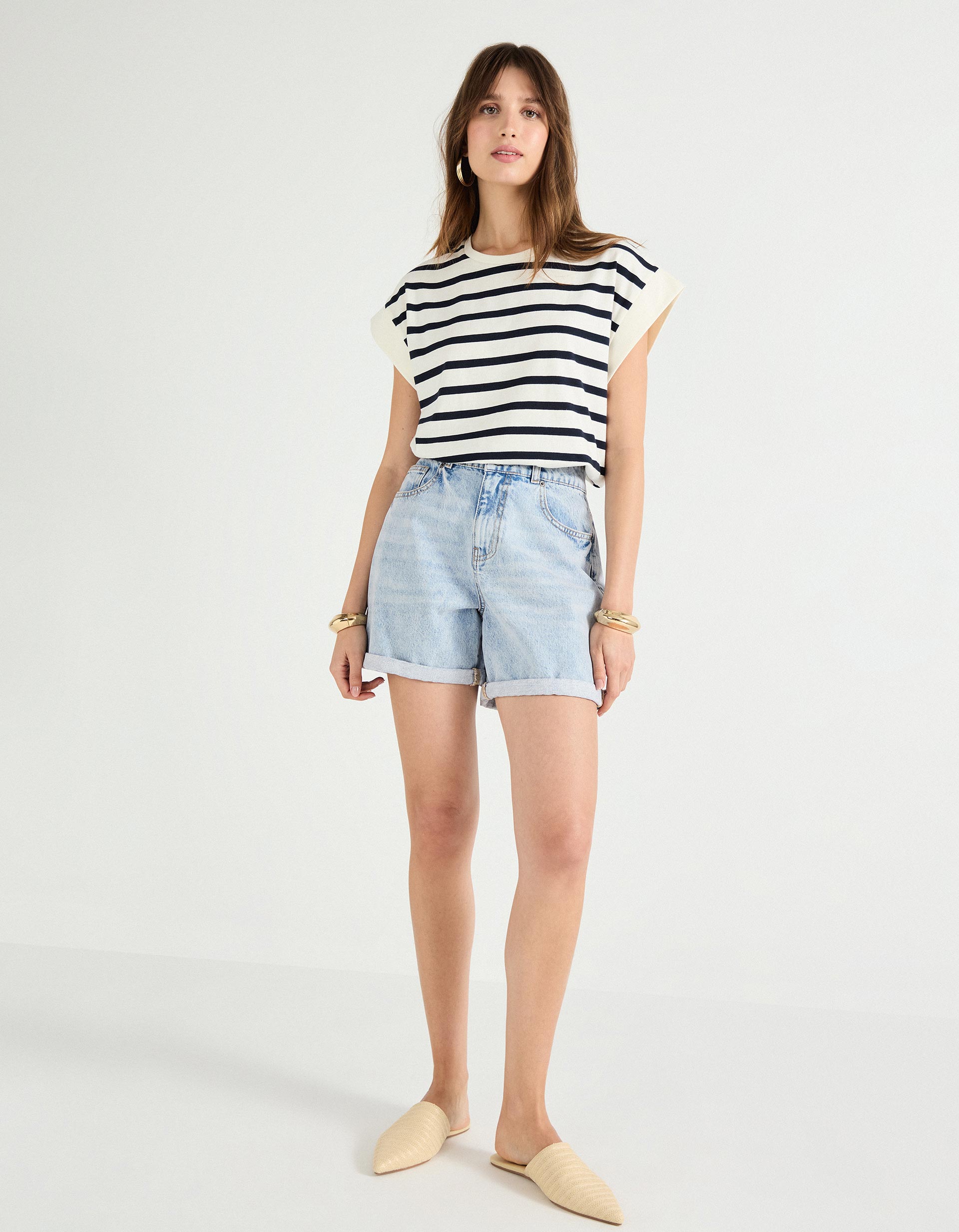 T-shirt com Riscas, Mulher, Azul Escuro