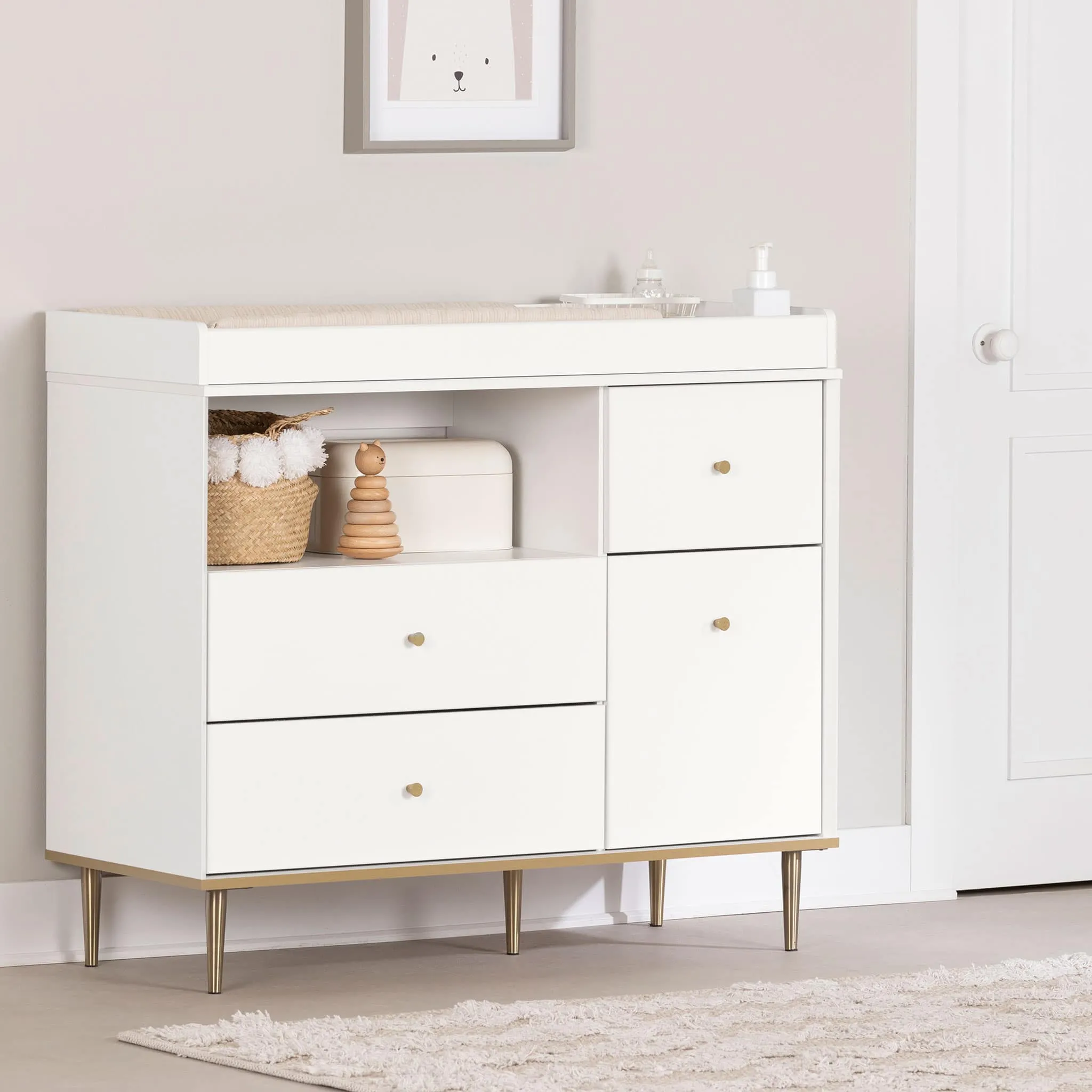 South Shore Table à langer avec tiroirs et rangement ouvert - Dylane Blanc solide