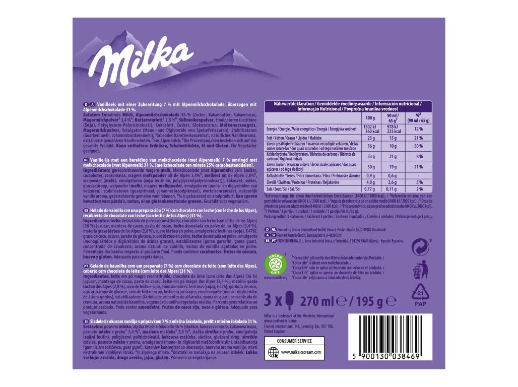 GELADO MILKA BOMBOM 3X90 ML