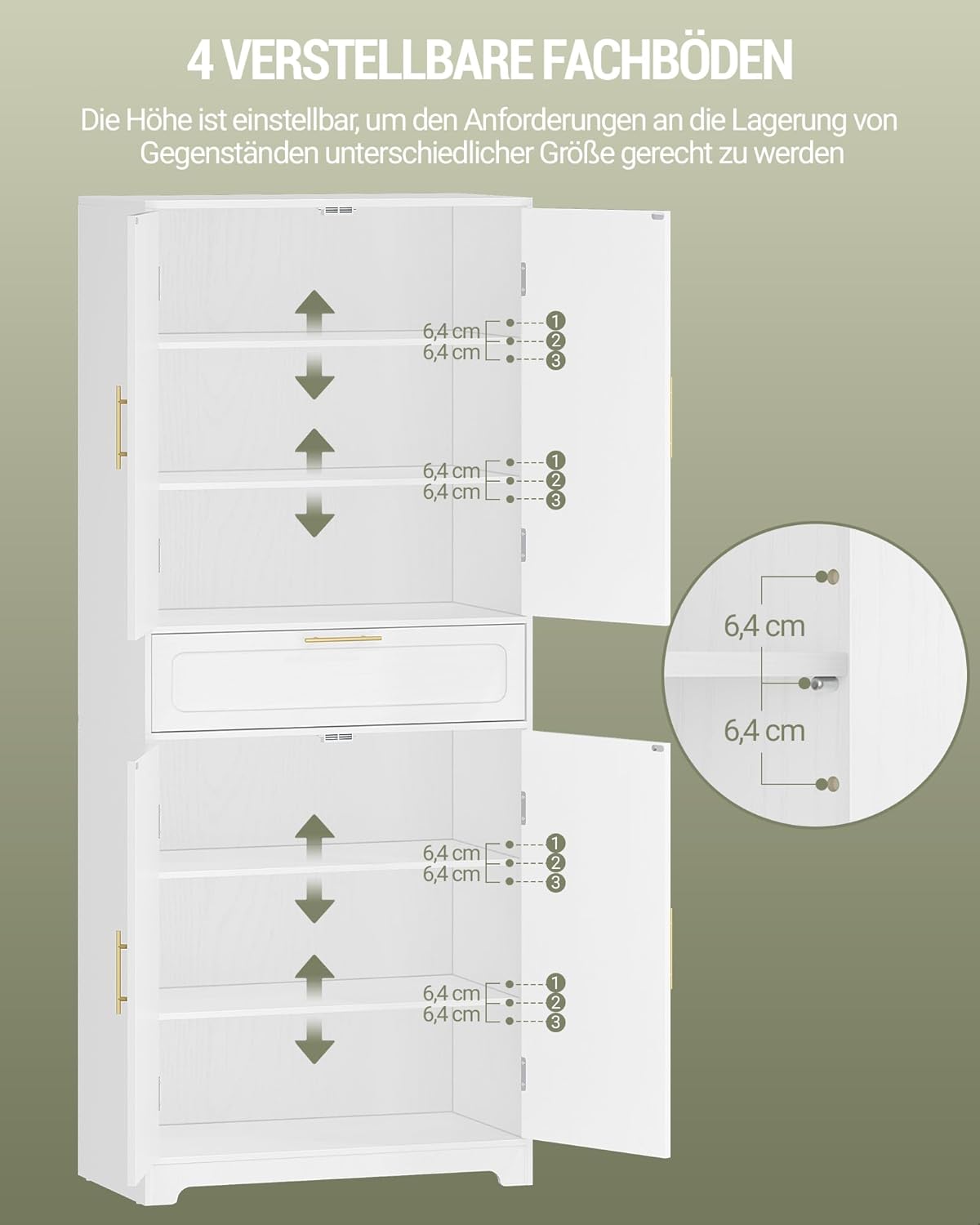 Hzuaneri Küchenschrank, Hochschrank mit 4 Türen, Sideboard mit 1 großen Schublade, Buffetschrank, Esszimmerschrank, Verstellbaren Ablagen, für Esszimmer, Küche, Wohnzimmer, Weiß PT18103X