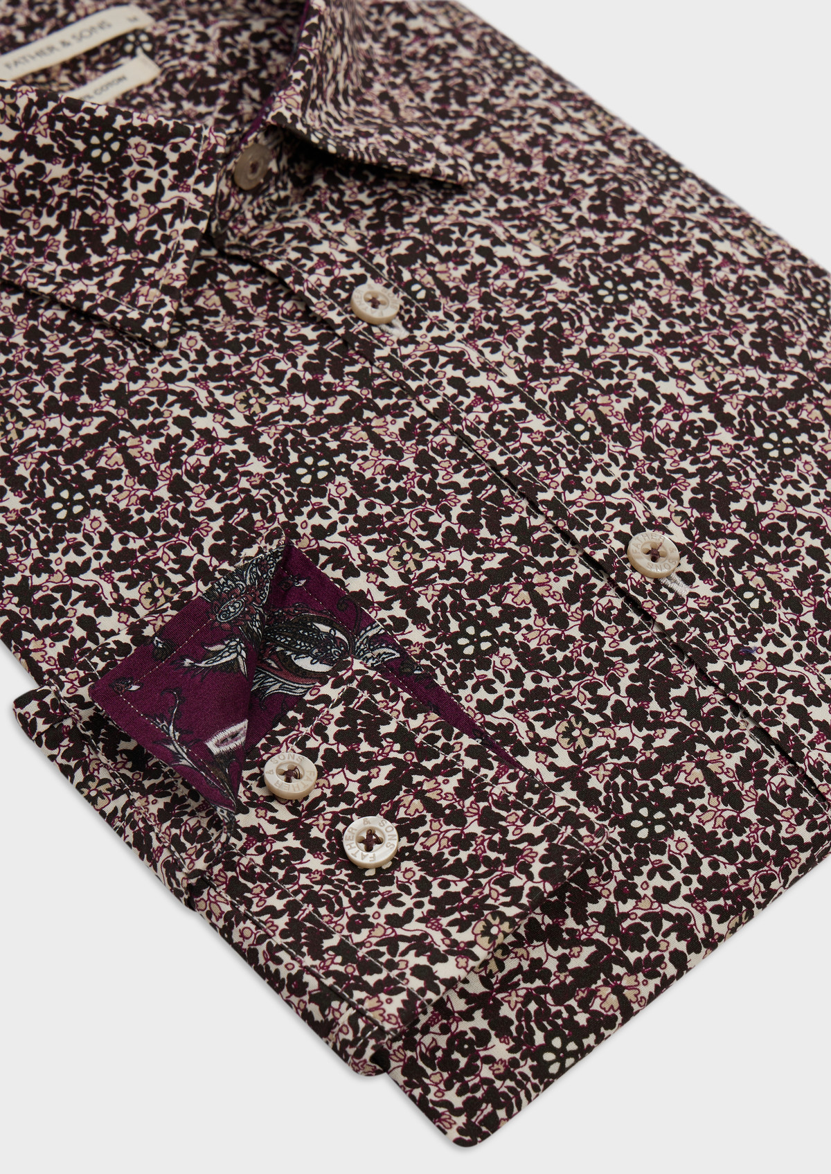 Chemise sport Regular en popeline de coton beige foncé à motif fleuri aubergine