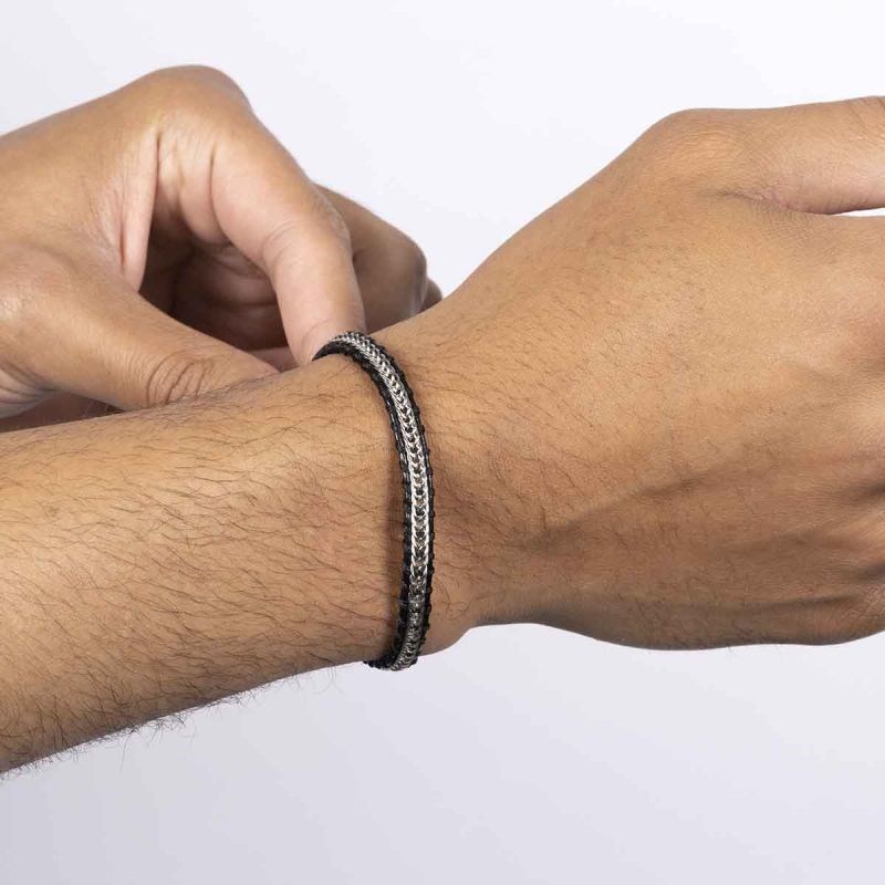 Bracelet Homme acier et cuir noir 