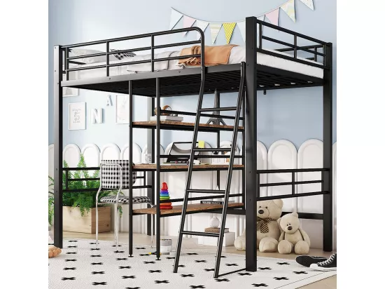 Lit en mezzanine 90*200 cm, sans matelas, lit avec bureau, plusieurs étagères, rails, échelle, Noir