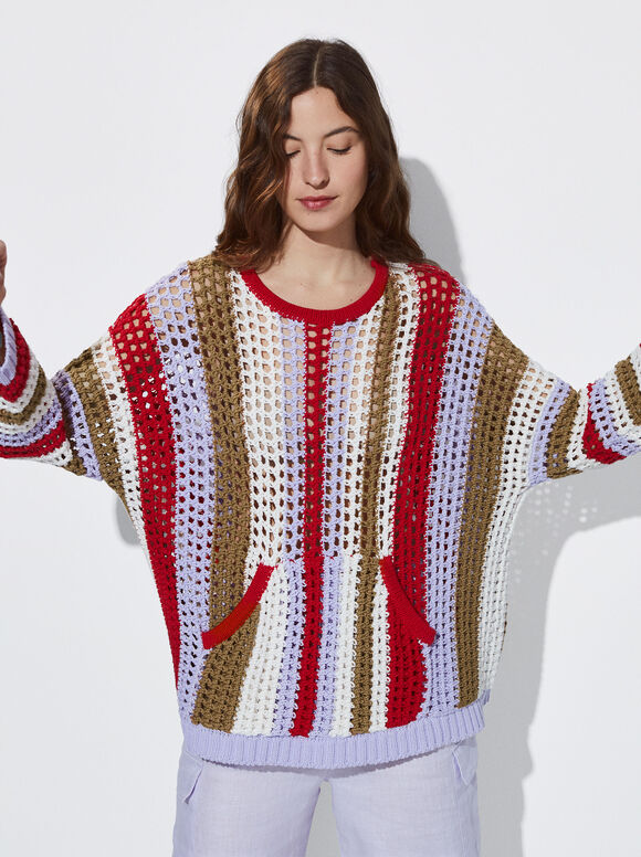 Suéter de crochê listrado - Multicolorido