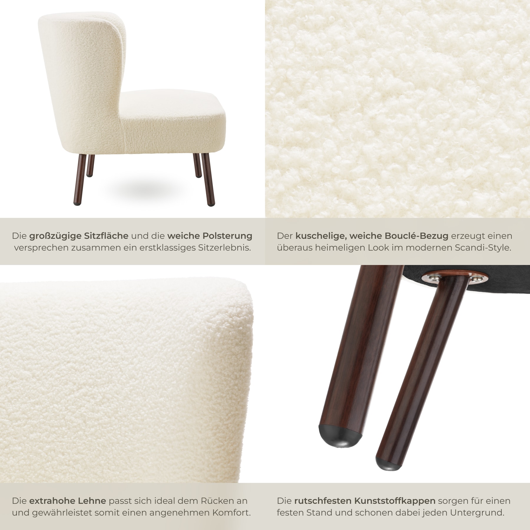 tectake® Teddy-Cocktailsessel, gepolstert, mit Bouclé-Bezug, runde Stahlbeine in Holzoptik, 62 x 73 x 74