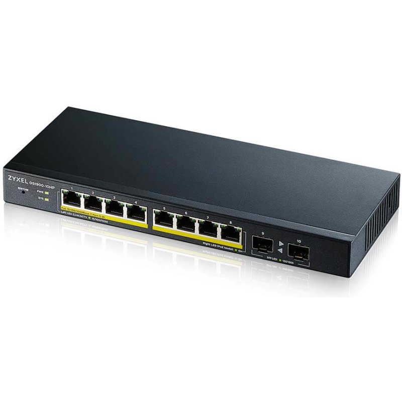 Zyxel GS1900-10HP Géré L2 Gigabit Ethernet (10/100/1000) Connexion Ethernet, supportant l'alimentation via ce port (PoE) Noir