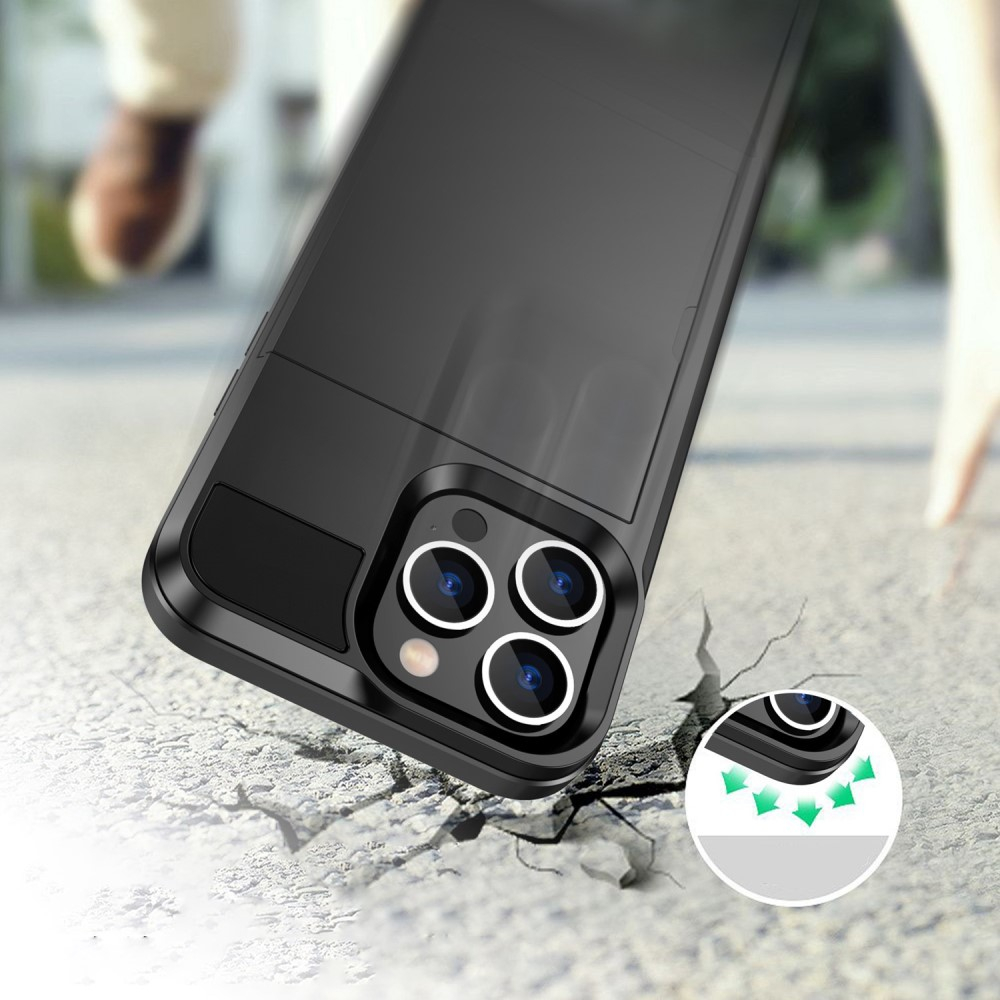 iPhone 14 Pro Hybrid Hardcase Hülle mit integriertem Karten Portemonnaie (aufschiebbar) - Schwarz
