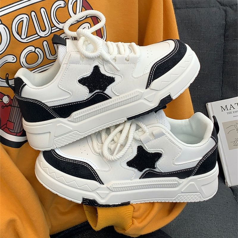 caneik - Platform Star Patterned Panel Sneakers