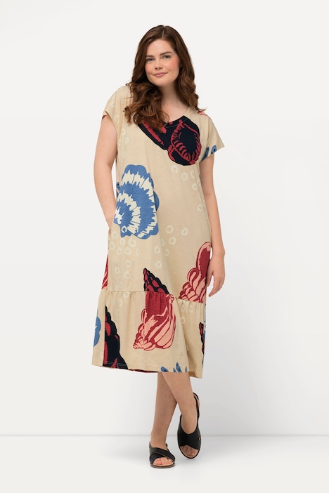Midikleid, Ozeanmotive, V-Ausschnitt, Halbarm, Biobaumwolle