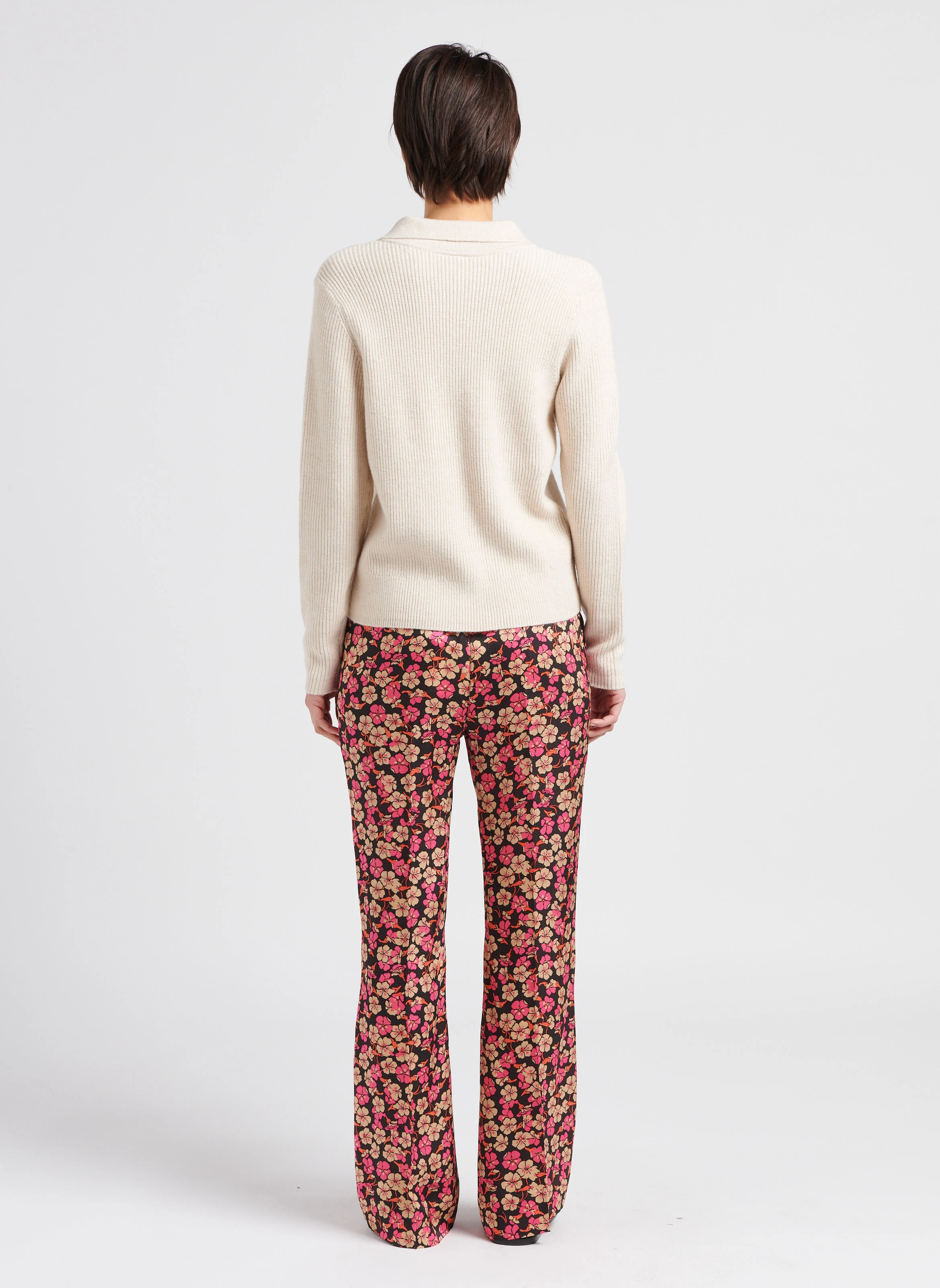 Pull col classique en maille mélangée| Beige
