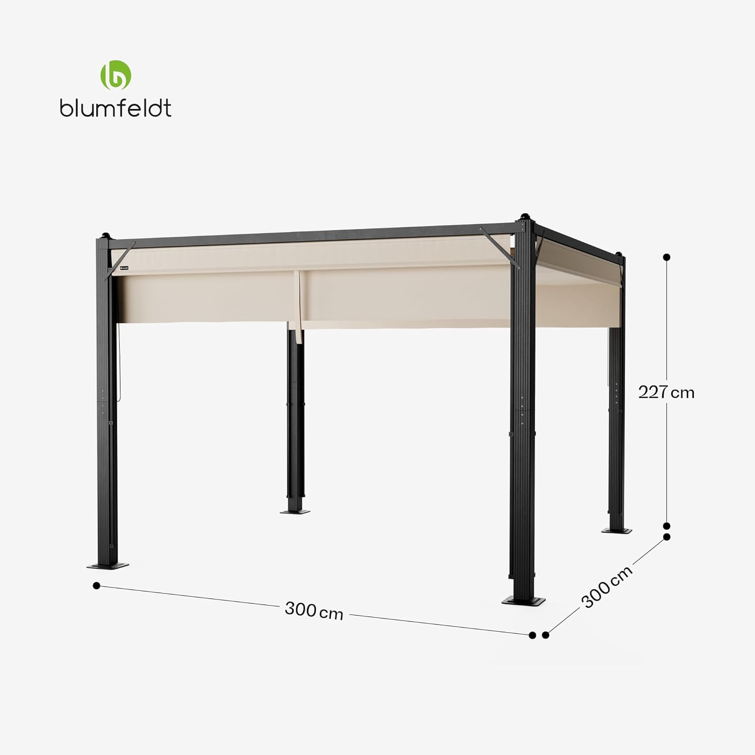 blumfeldt Pantheon Cortina Pavillon 3x3 m – Aluminiumrahmen, Verstellbares Dach & Seitenrollos, Wetterfest & Stabil, Beige/Schwarz