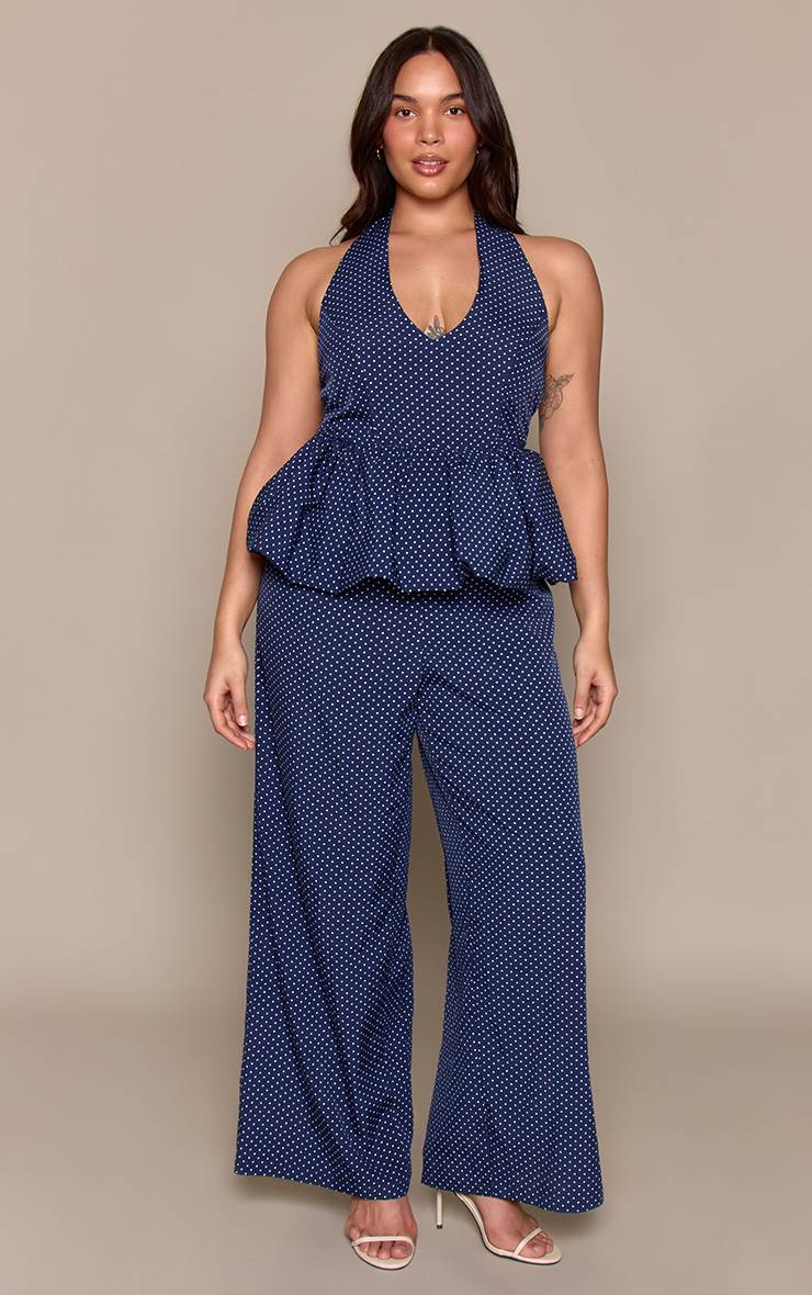 Bleu Combinaison Grande Taille À Pois Col Licou Et Jambes Larges