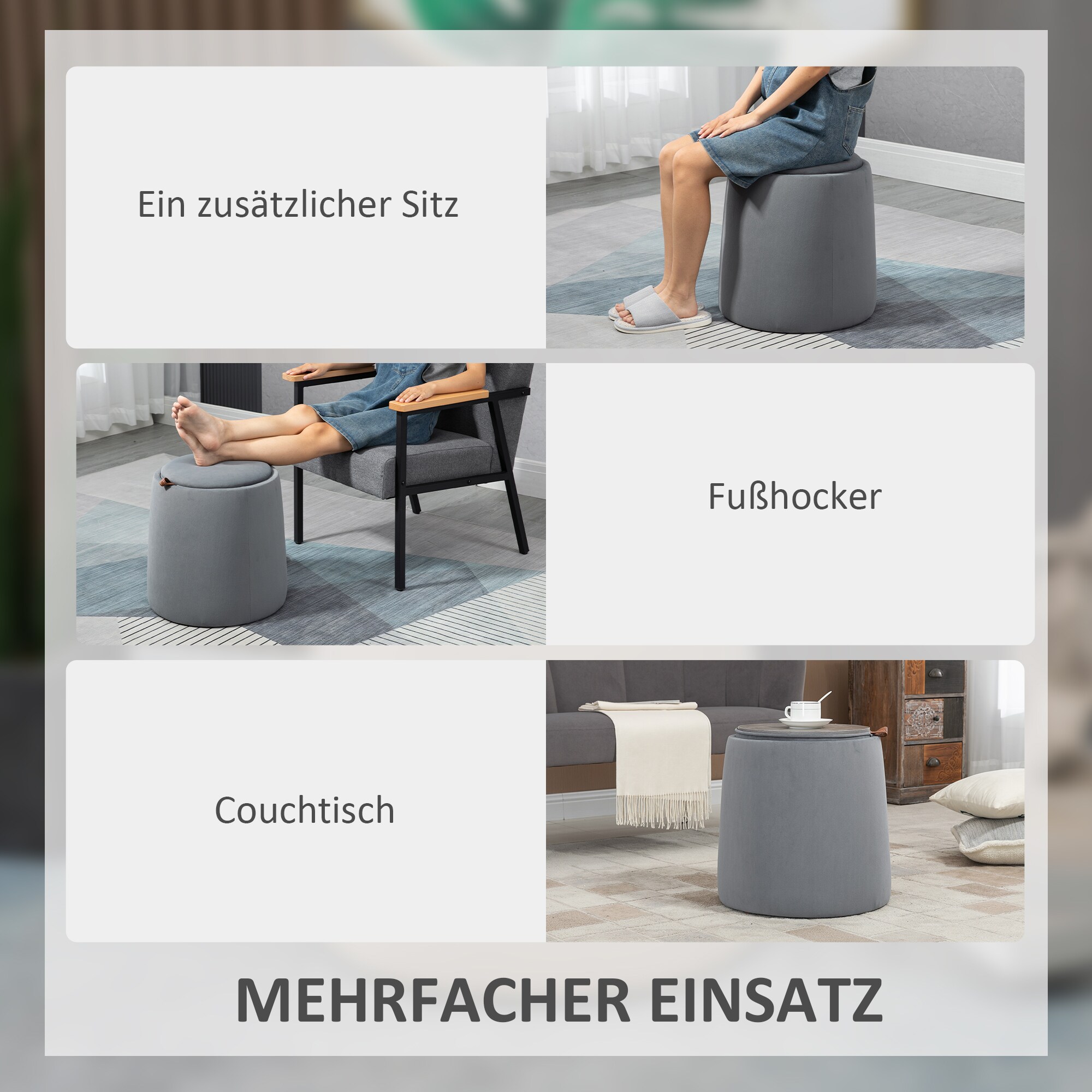 HOMCOM Aufbewahrungs-Ottomane mit Stauraum beige Ø44 x 47,5Hcm