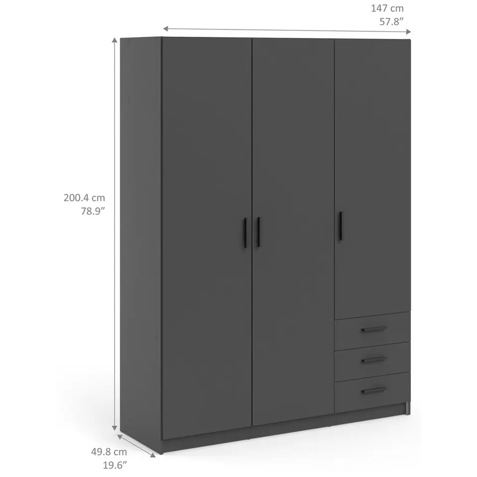Kledingkast Sprint 3-deurs - antracietkleur - 200x147x50 cm