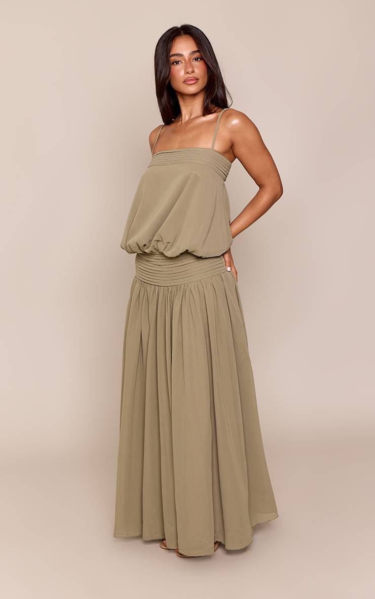 Vert Olive Robe Maxi Fluide En Mousseline À Bretelles Avec Détails De Coutures Petite