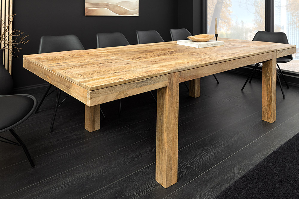 Massiver Holz Esstisch PURE 120-200cm natur Mangoholz mit Ansteckplatten