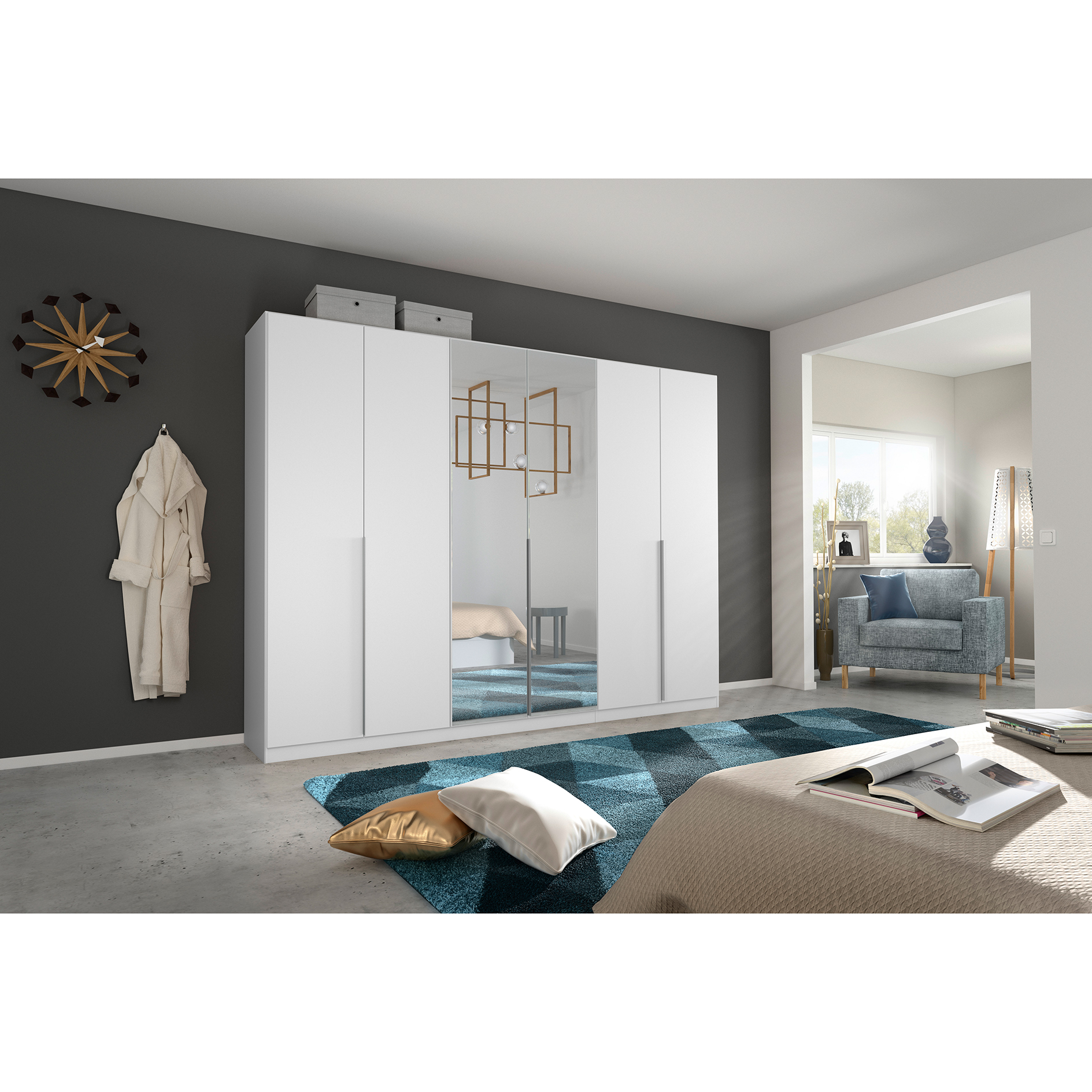 Drehtürenschrank - alpinweiß-seidengrau - Kristallglasspiegel - 6-türig - 271x210 cm