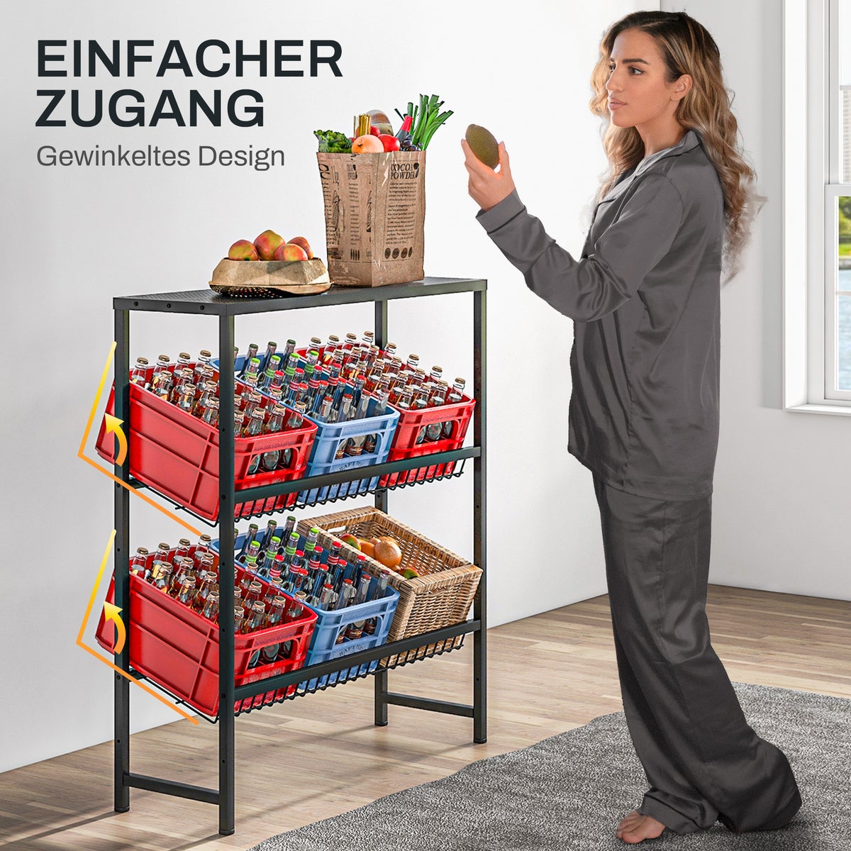 HOMCOM Drankkrattenrek voor 6 kratten, vrijstaand drankenrek met verstelbare plankhoogte, 3 niveaus, krattenrek met antislipbescherming, 103 x 33 x 113,5 cm, staal, zwart