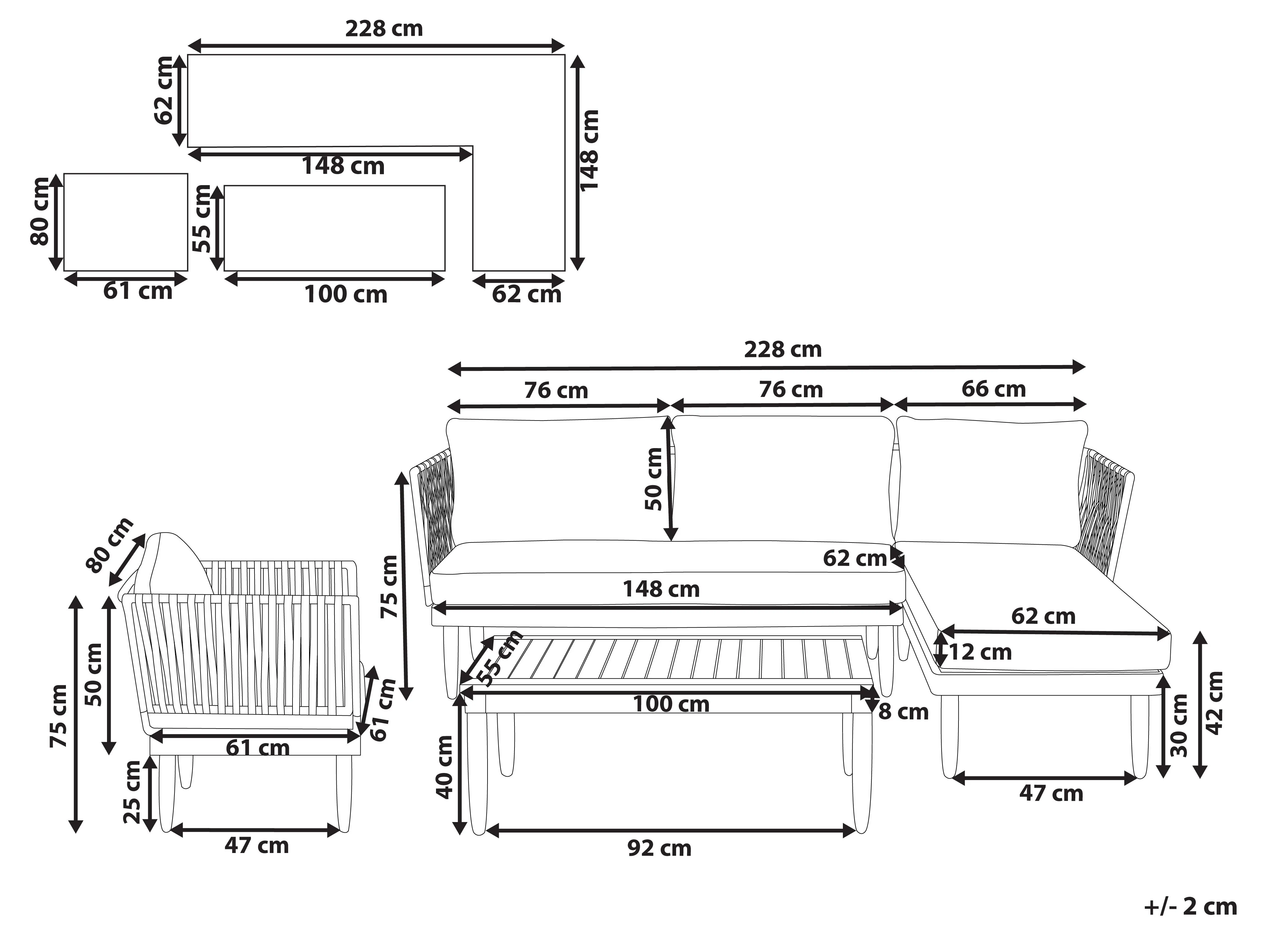 Loungeset met tafel 4-zits CREMONA linkszijdig Acaciahout Gebroken wit