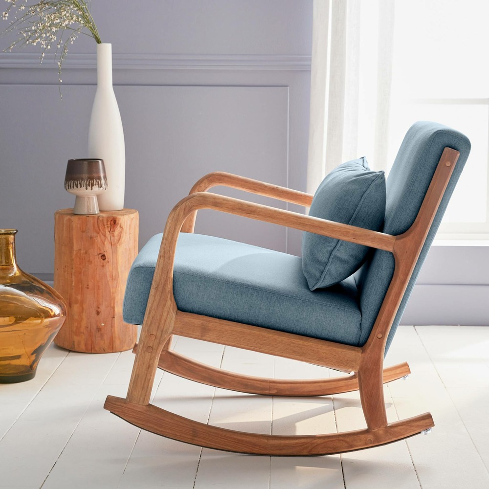 Fauteuil à bascule design en bois et tissu. 1 place. Rocking chair scandinave. Bleu