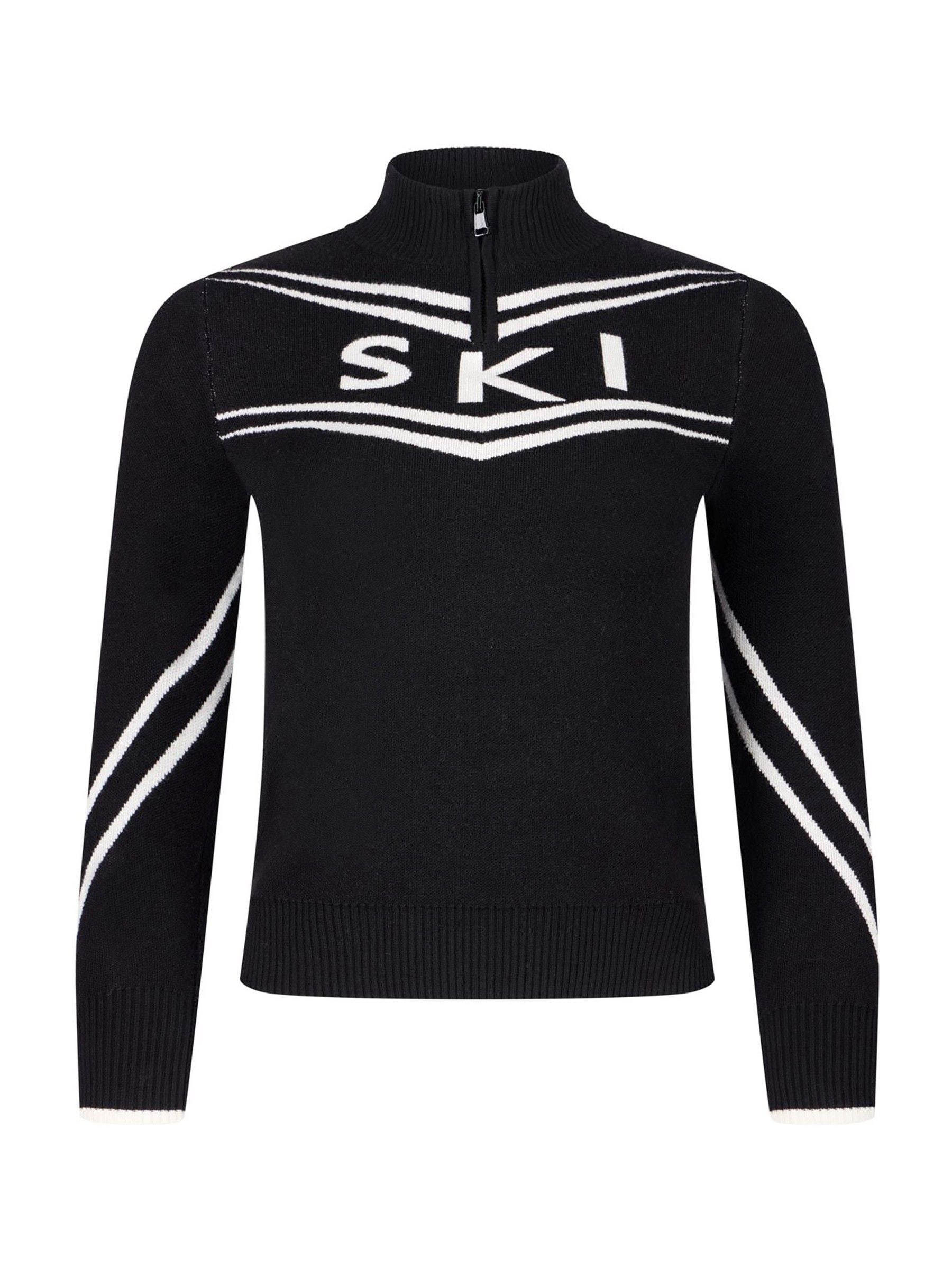 The Little Tailor Zwarte gebreide Kerstmis Trui met ski-ontwerp en rits bij de hals