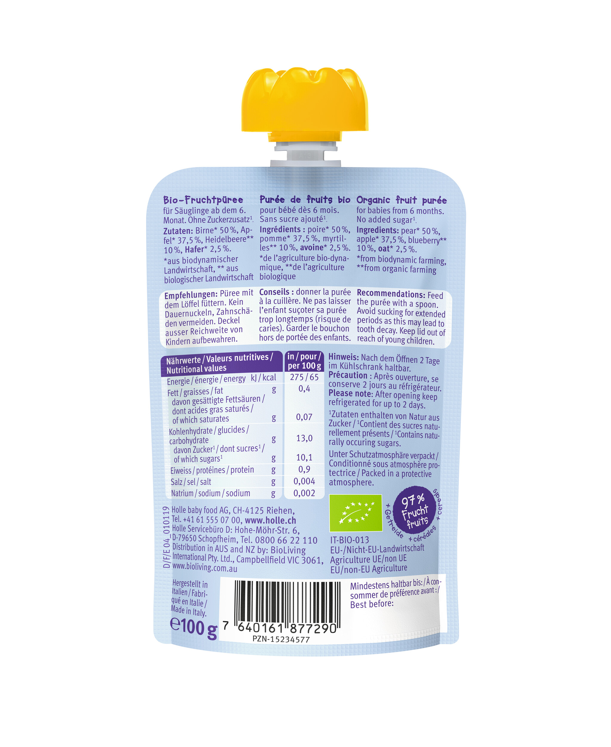 HOLLE Blue Bird - Pouchy<br>100 g, Birne Apfel & Heidelbeere mit Hafer