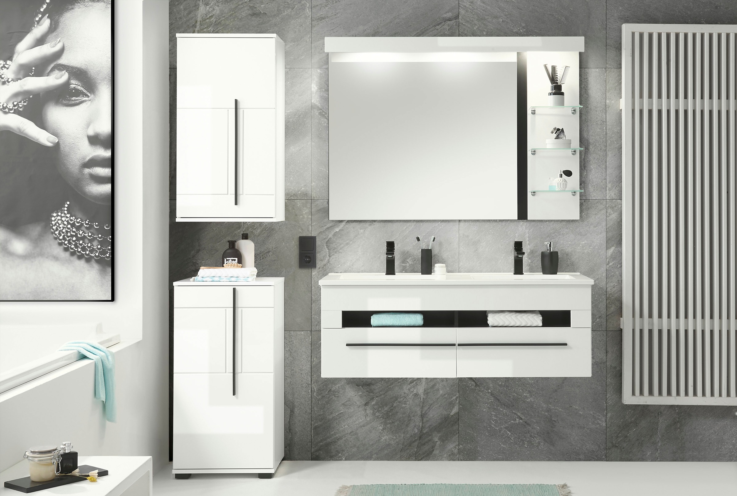 INOSIGN Waschtisch »Cantara, Waschtisch inkl. Waschbecken, modernes Design« mit schwarzen Griffen, ausreichend Stauraum