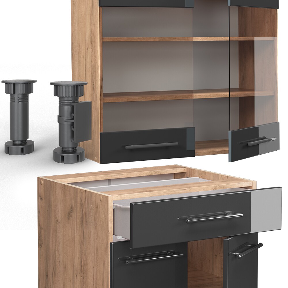 Vicco Küchenzeile Küchenblock Einbauküche Fame-Line Single Eiche Anthrazit 140 cm modern Küchen Schränke Spülenunterschrank Schubunterschrank Hängeschrank Hängeglasschrank Hochglanz