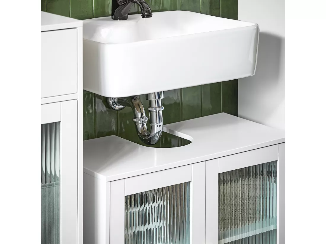 SoBuy BZR115-W Meuble sous Lavabo Salle de Bain, Meuble sous Évier, Armoire de Rangement pour Vasque sur Pieds avec 2 Portes en Verre, Blanc
