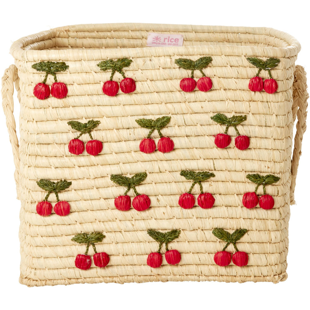 Køb Rice Raffia Square Kurv Med Small Cherries All Over Embroidery - Raffia Håndtag