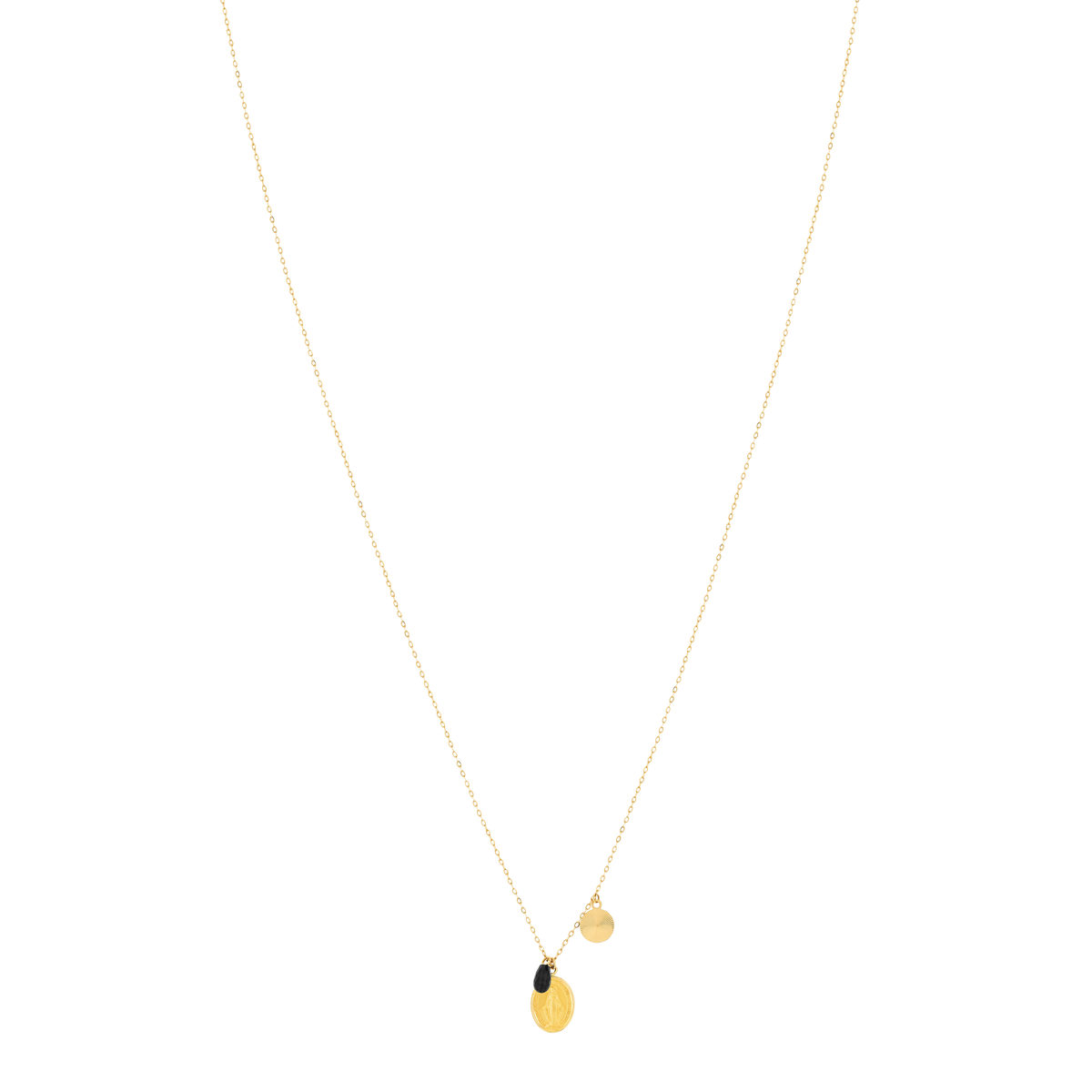 Collier or 750 jaune médaille vierge miraculeuse pampilles disque diamanté et onyx 42 cm
