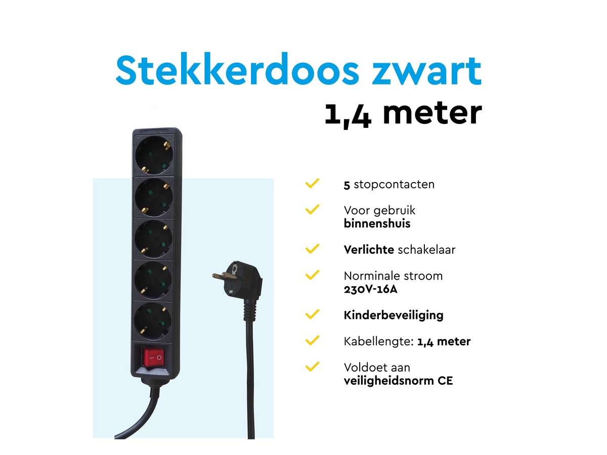 BRASQ 1,4 meter 5-voudige stekkerdoos met schakelaar - Black