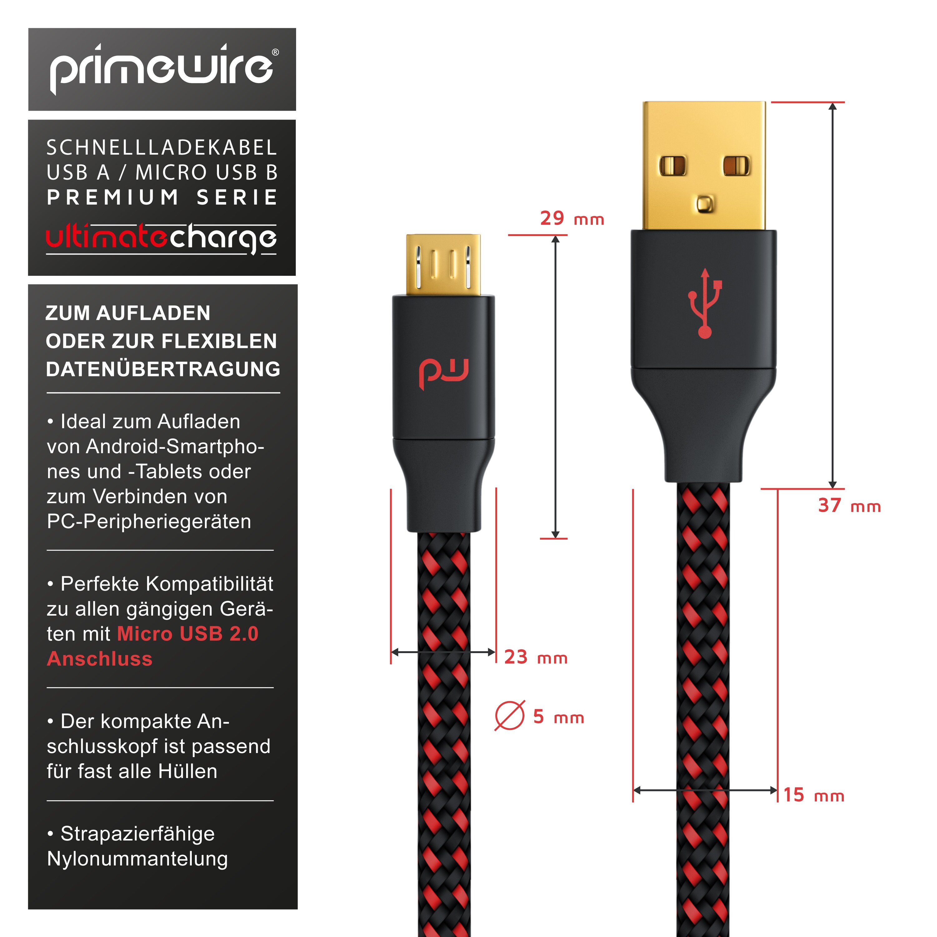 Primewire Micro-USB 2.0 zu USB Typ A Kabel, UltimateCharge MicroUSB 2.0 Schnellladekabel mit Datenübertragung - 1m