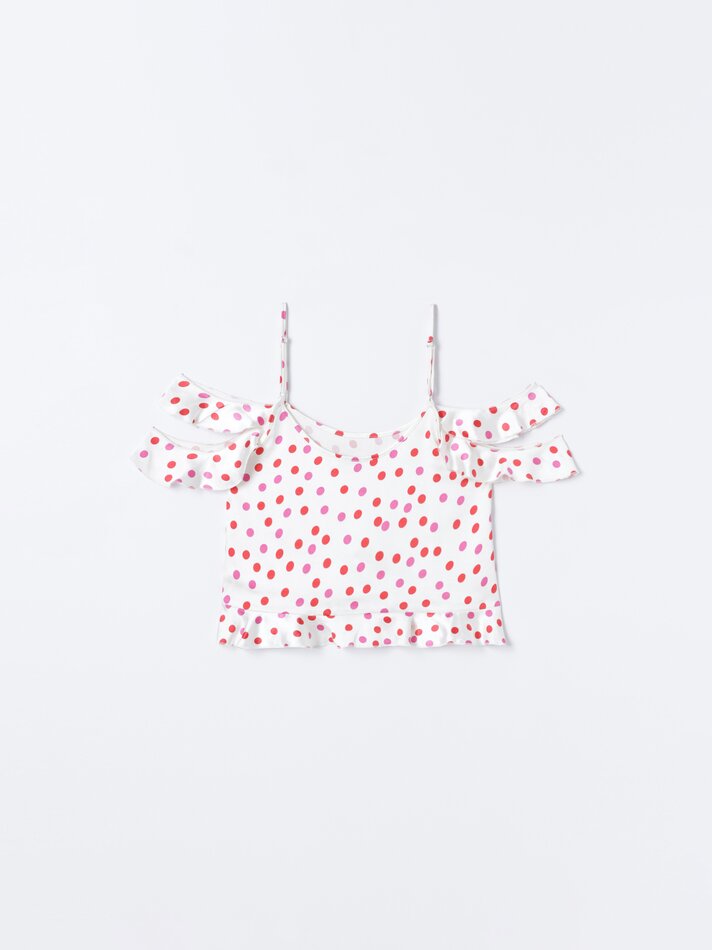 Blusa de cetim com estampa de bolinhas - Branca/vermelha