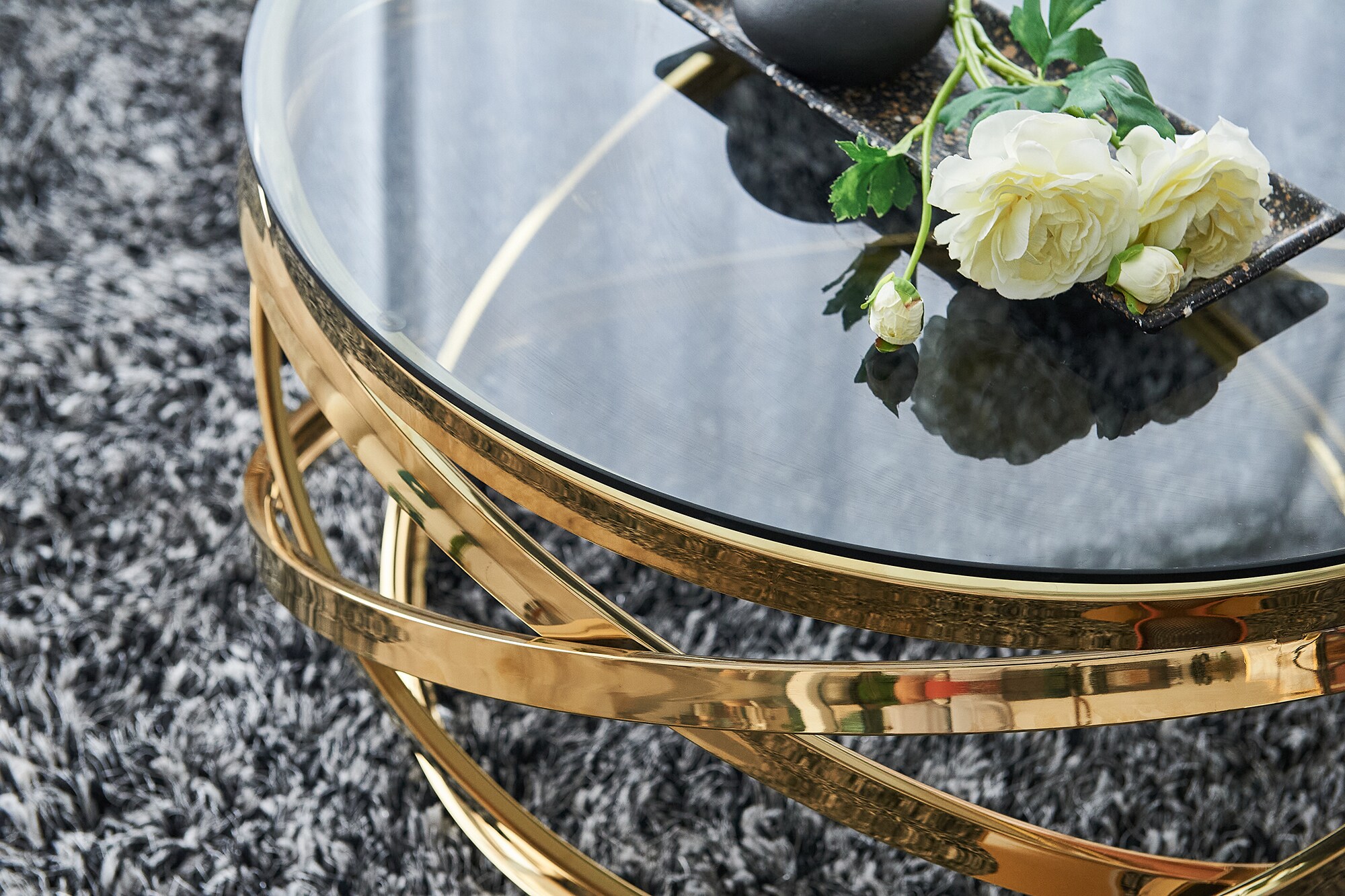 Couchtisch Ø 80 cm gold grau Glastisch Beistelltisch Sofatisch Wohnzimmertisch