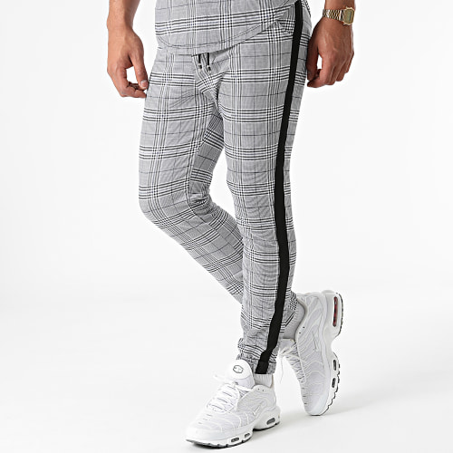Ensemble Tee Shirt Oversize Pantalon Jogging A Carreaux Avec Bandes 5003 Noir Gris