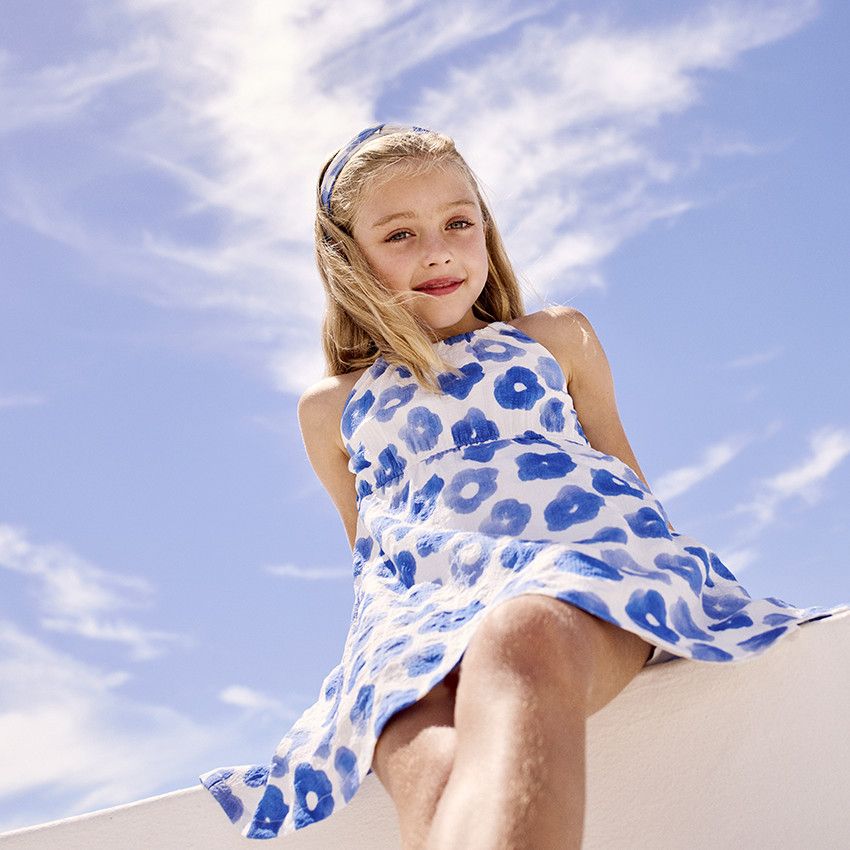 Robe sans manches imprimé floral et taille à nouer pour fille - Blanc