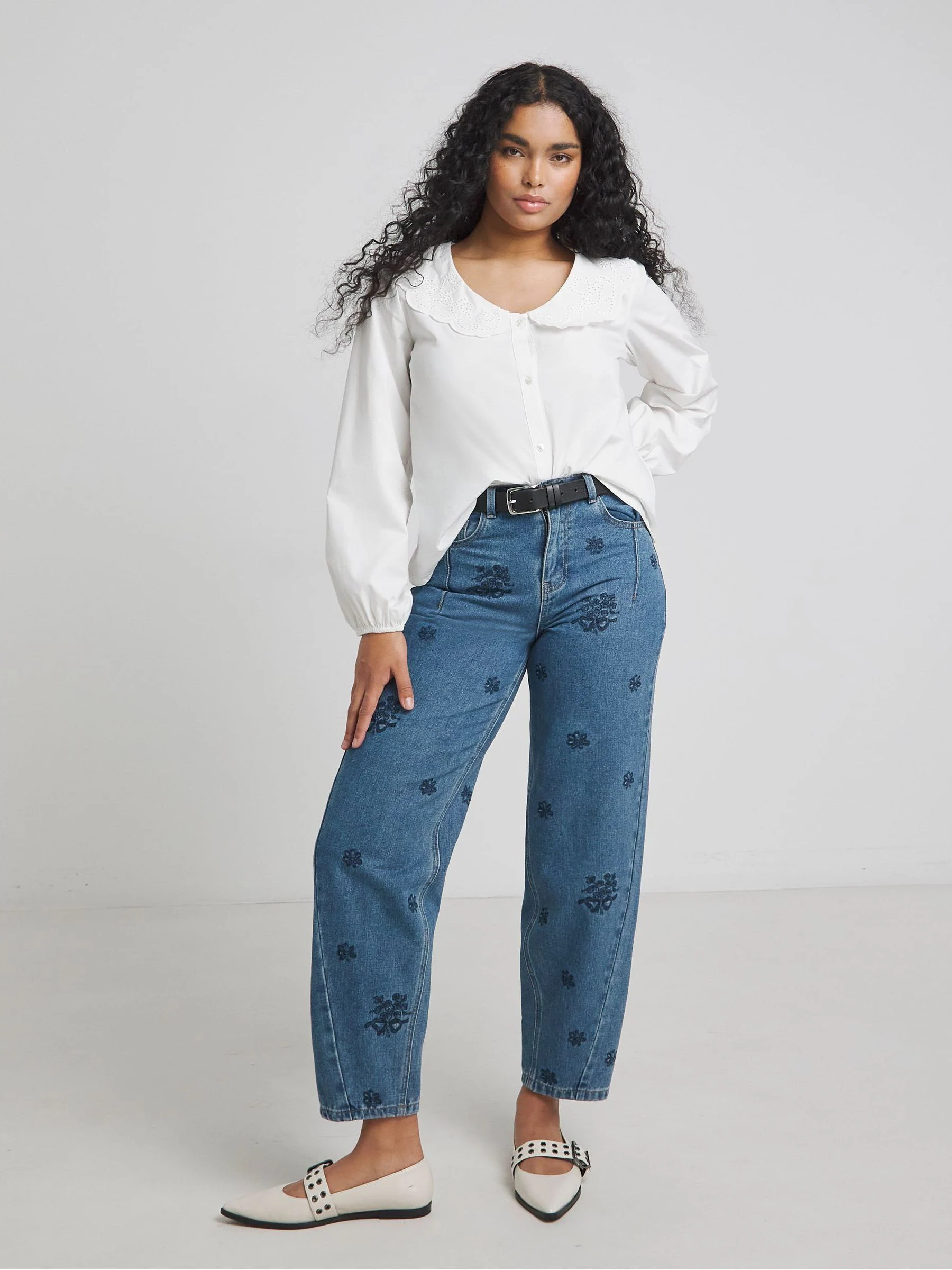Simply Be Embroidered Barrel Leg 100% Cotton Jeans