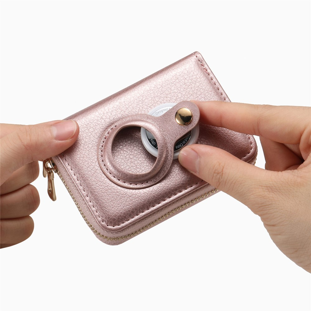 (12.7x11.1x3.6cm) Apple AirTag Wallet Mini Kreditkarten Portemonnaie Leder Etui Geldbörse Litchi Look  (RFID Schutz) - Roségold