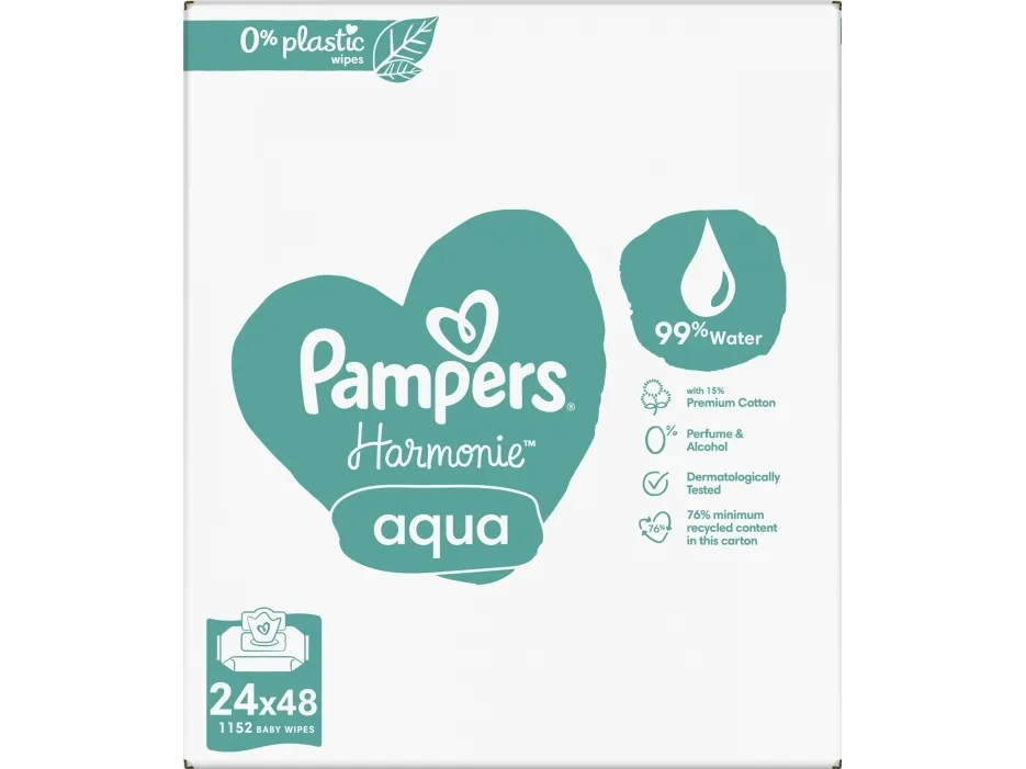 Pampers Harmonie Aqua vådservietter 0% plast 24x48 stk.