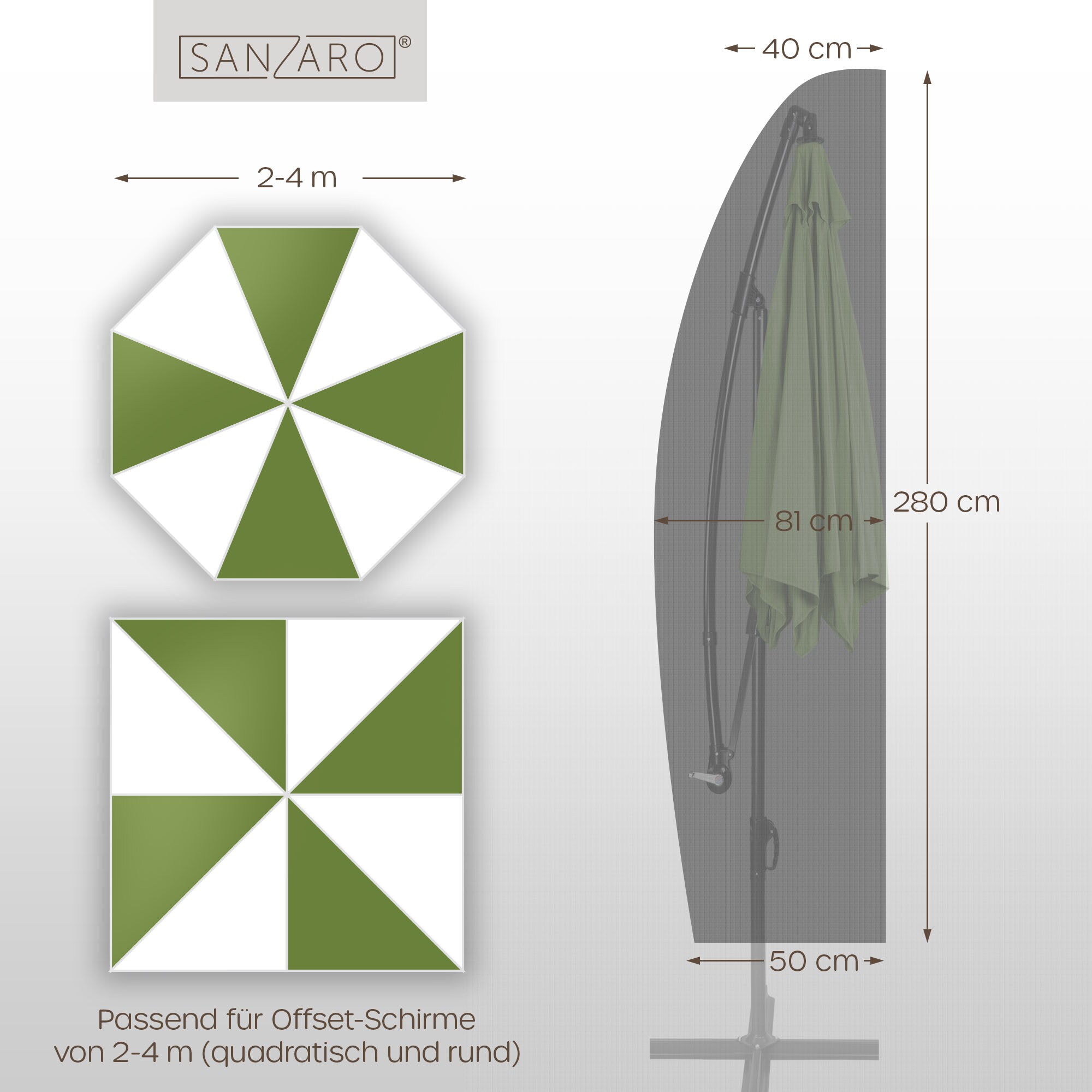 SANZARO Schutzhülle Gartenschirm Abdeckung Ampelschirm Sonnenschirm |280 x 40/81/50 cm (HxB)