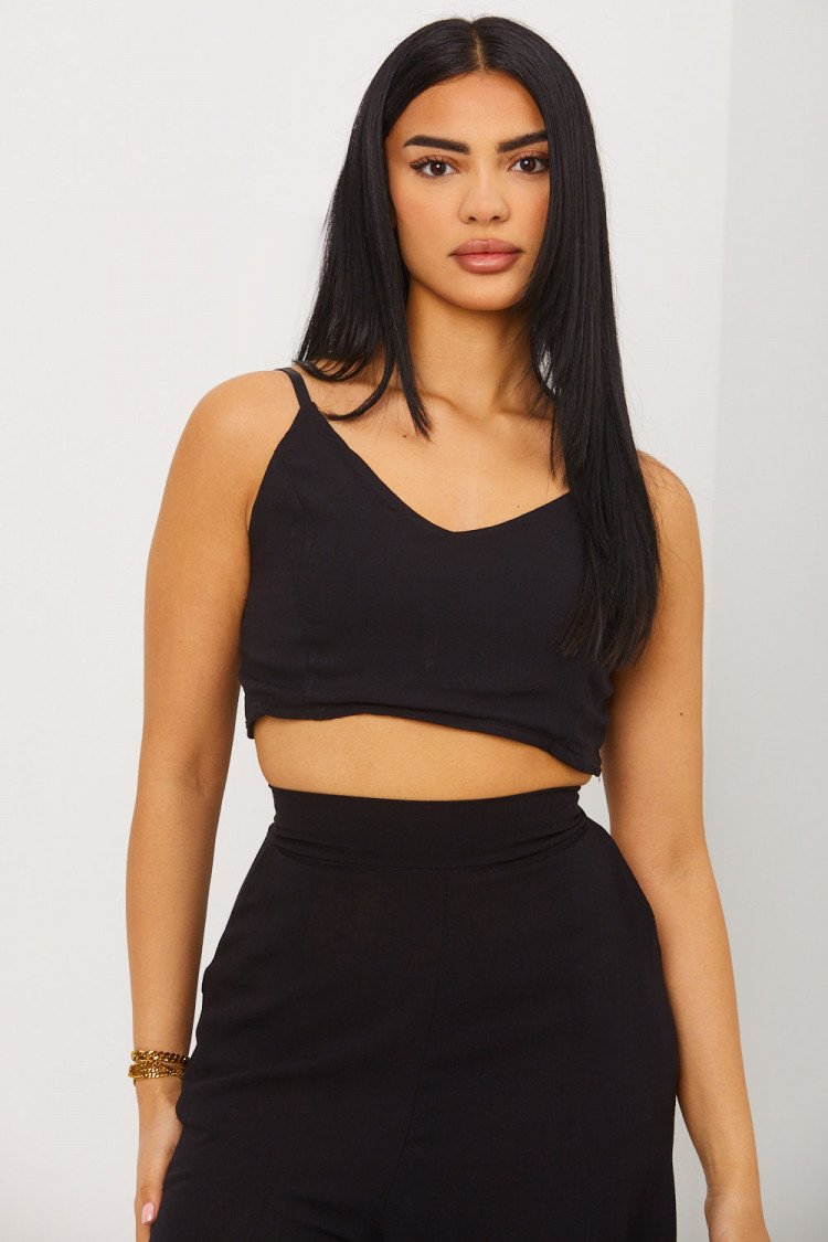 Ensemble effet lin 2 pièces crop top + pantalon noir
