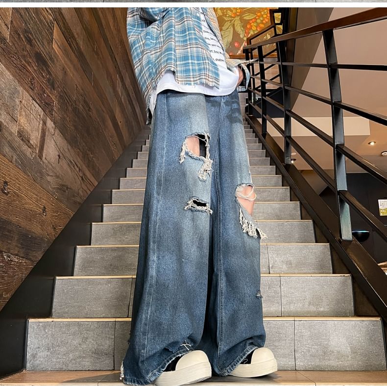 Antaeus - Mid Rise Distressed Wide Leg Jeans