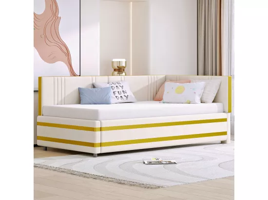 Sofabed 90*200, lit multifonctionnel avec sommier à lattes, tissu velours doux pour la peau, beige