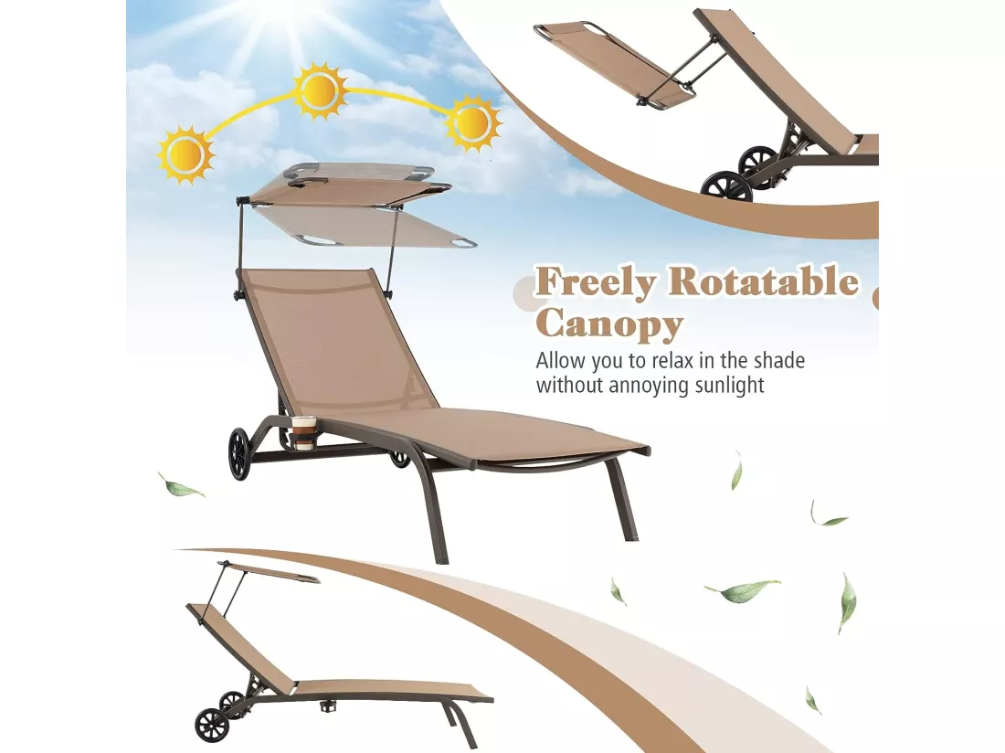 Chaise Longue de Jardin Inclinable Pliable, avec 6 Dossier Réglable, Auvent Rotatif, 2 Roulettes, Charge Max 150 kg