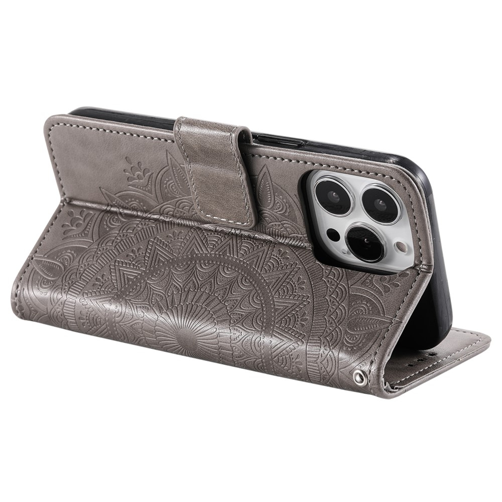 iPhone 15 Pro Leder Tasche Wallet - Mandala Flowers Imprint - Grau