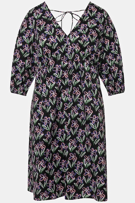Minikleid, A-Line, Flower Print, V-Ausschnitt, weite 3/4-Ärmel