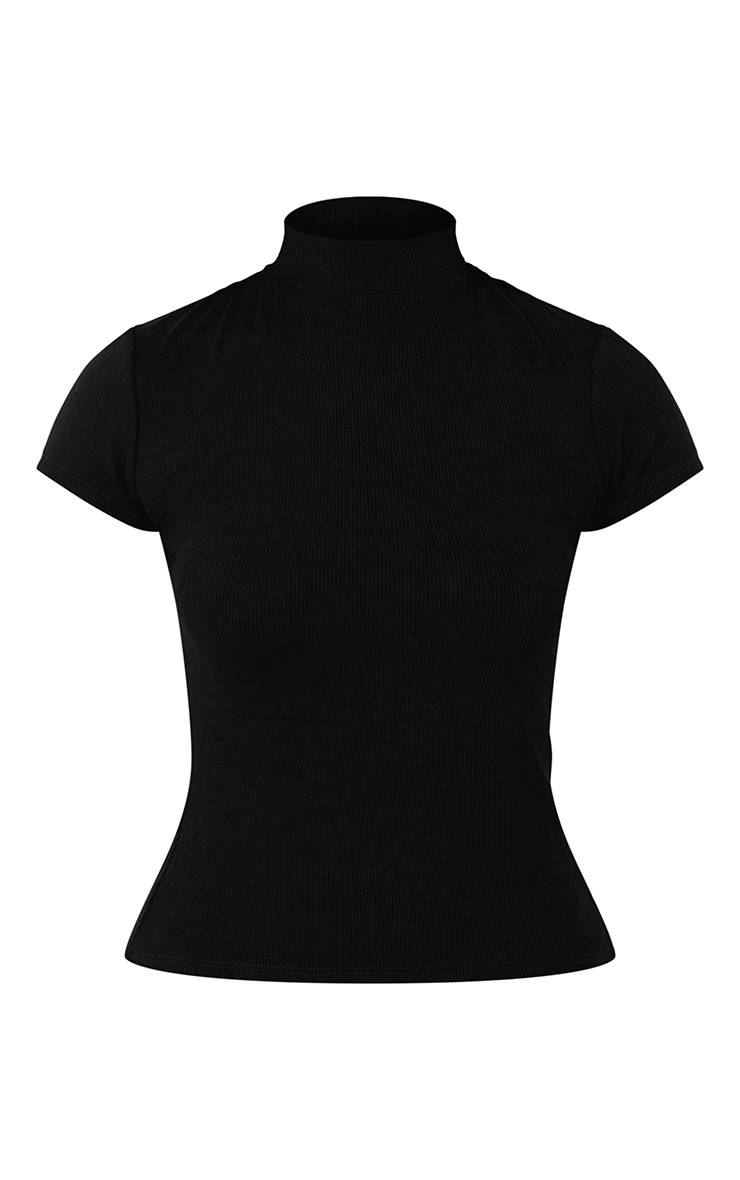 Noir T-shirt Côtelé Doux Col Montant Ajusté Coupe Longue