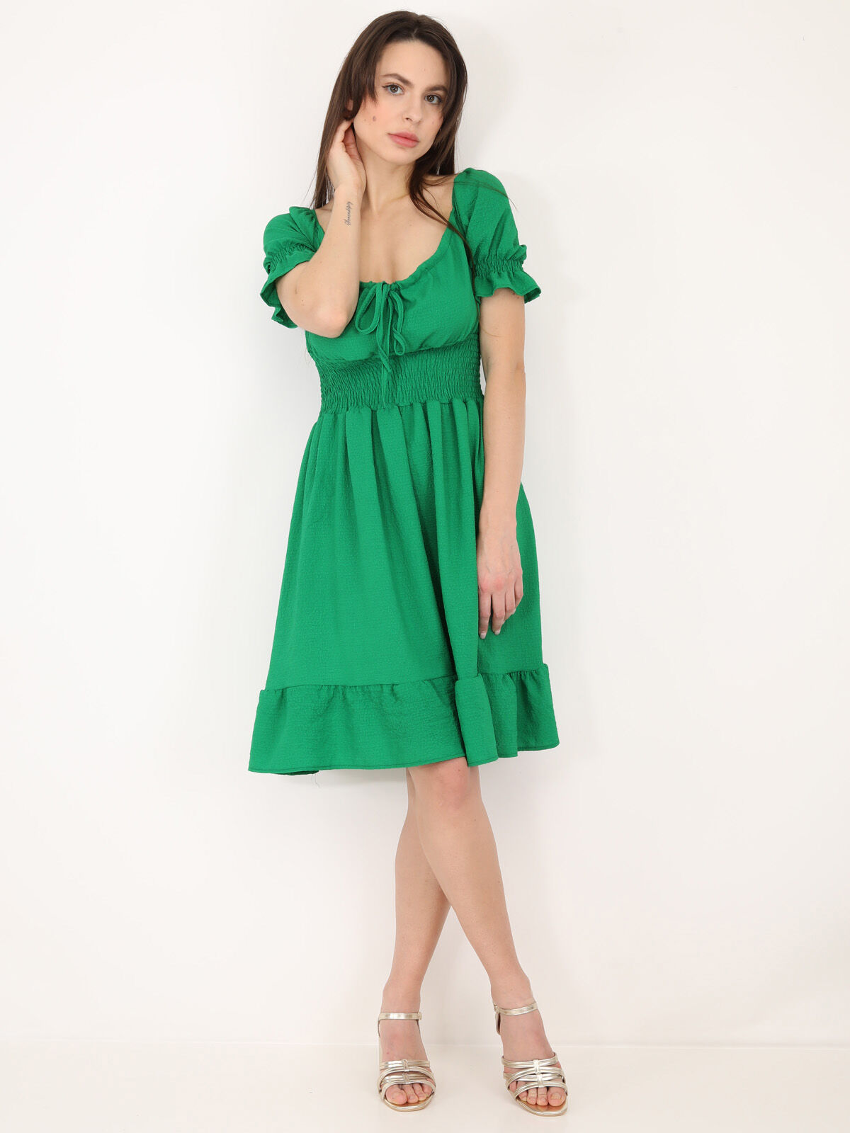 Robe patineuse à manches ballons- Vert